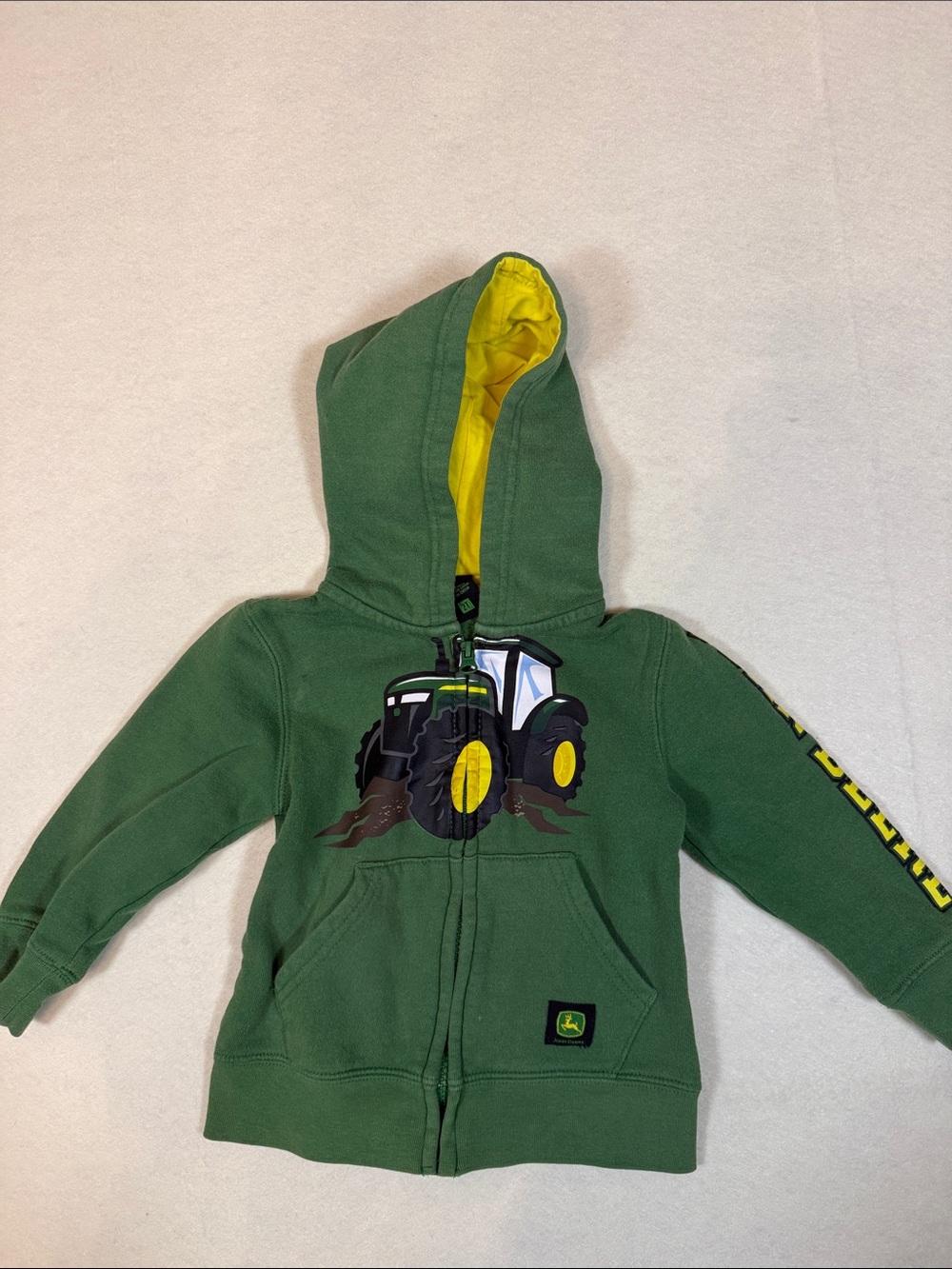 John Deere Green Hoodie with Yellow Lining and Tractor Graphic Sz 2T UU